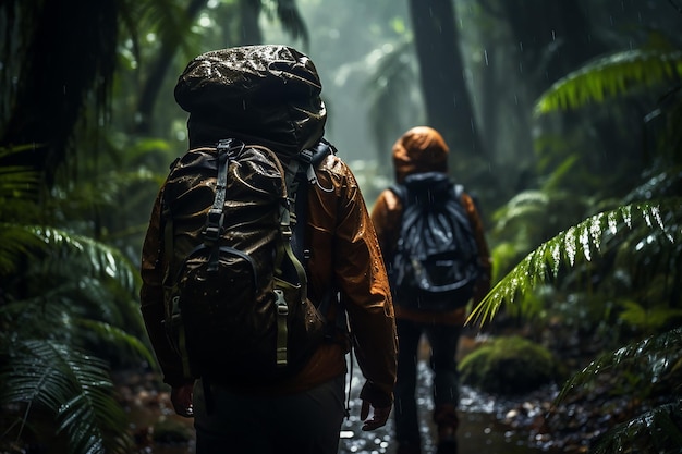 Hikers equipped with rain gear venturing through a downpour