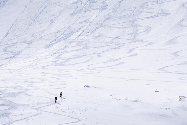 冬のスロバキア ヨーロッパ中に高山の雪に覆われた地形を通過するハイカー