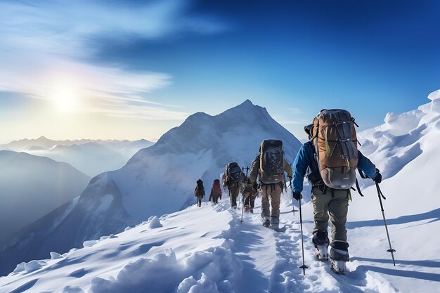 Hikers in the mountains on a background of snow and clear blue sky