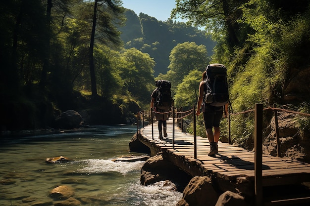 Hikers navigating a narrow wooden bridge