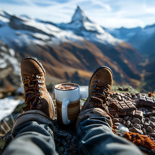 スイス の チョコ の 隣人 の 休暇 の 活動 を 背景 に し て,スイス の 山 で 休み を 取っ て いる ハイカー たち