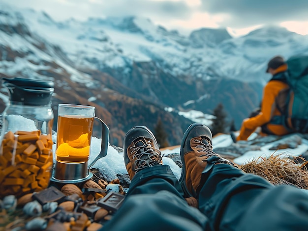 スイスの山道で休むハイカーたちとスイスの隣人の休日活動の背景