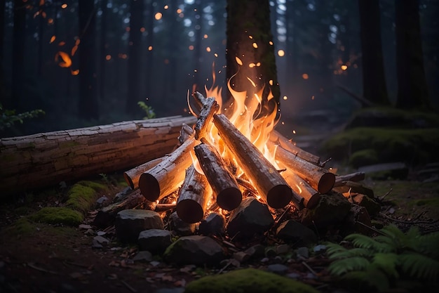 Photo hikers sitting near campfire hiking camping concept people spend time at night summer camp in forest friends company