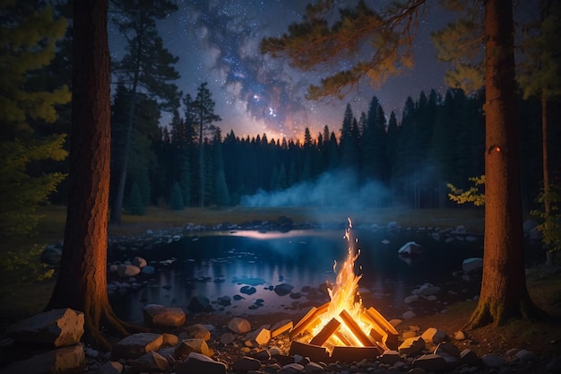 hikers sitting near campfire hiking camping concept people spend time at night summer camp in forest friends company