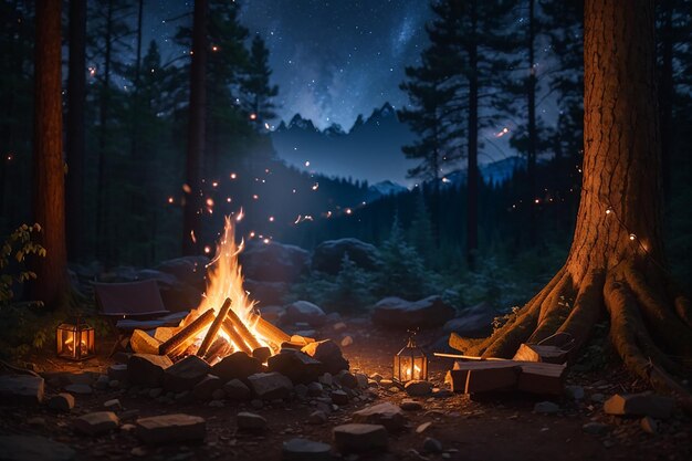 hikers sitting near campfire hiking camping concept people spend time at night summer camp in forest friends company