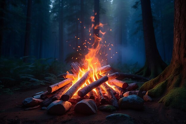 hikers sitting near campfire hiking camping concept people spend time at night summer camp in forest friends company