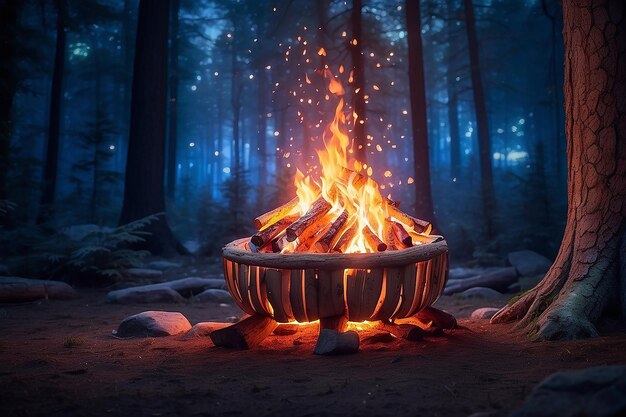 Photo hikers sitting near campfire hiking camping concept people spend time at night summer camp in forest friends company