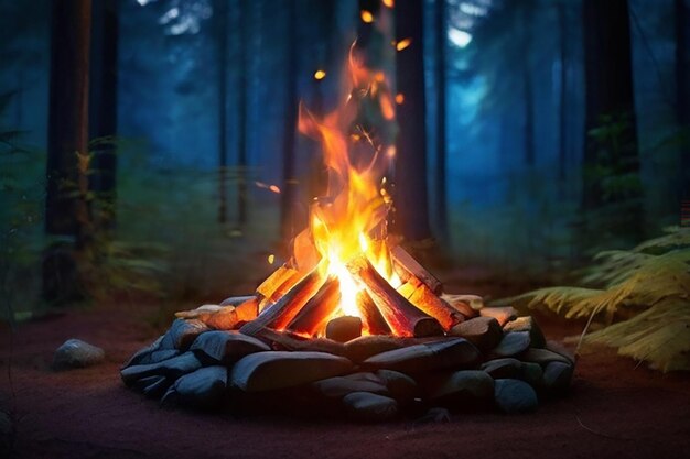 캠프 불 근처에 앉아있는 하이킹 하이킹 캠핑 개념 사람들은 숲에서 여름 캠프를 보내고 친구들과 함께합니다.