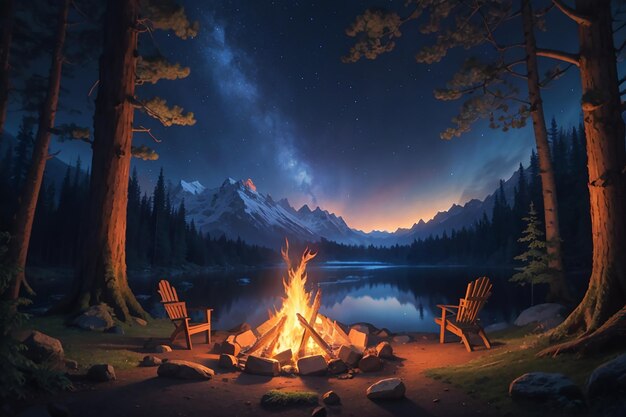 Photo hikers sitting near campfire hiking camping concept people spend time at night summer camp in forest friends company