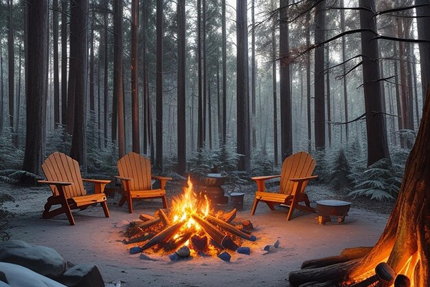 캠프 불 근처에 앉아있는 하이킹 하이킹 캠핑 개념 사람들은 숲에서 여름 캠프를 보내고 친구들과 함께합니다.