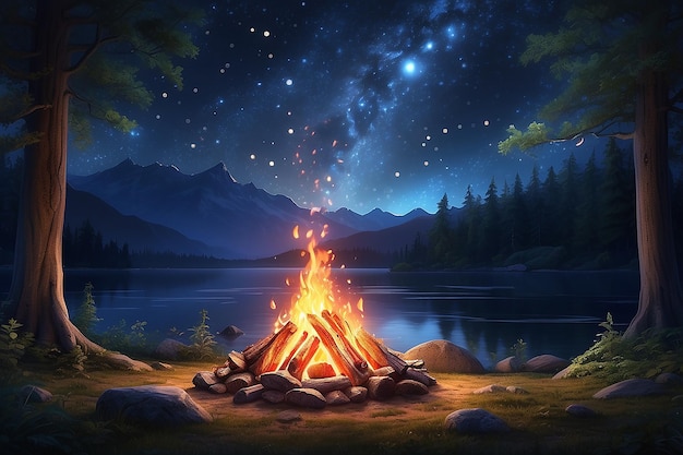 hikers sitting near campfire hiking camping concept people spend time at night summer camp in forest friends company