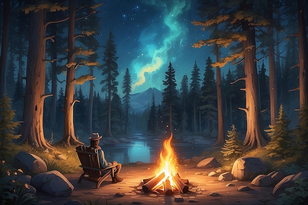 hikers sitting near campfire hiking camping concept people spend time at night summer camp in forest friends company