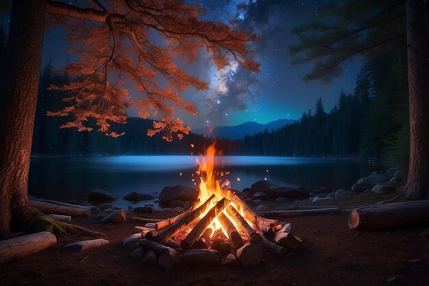 hikers sitting near campfire hiking camping concept people spend time at night summer camp in forest friends company