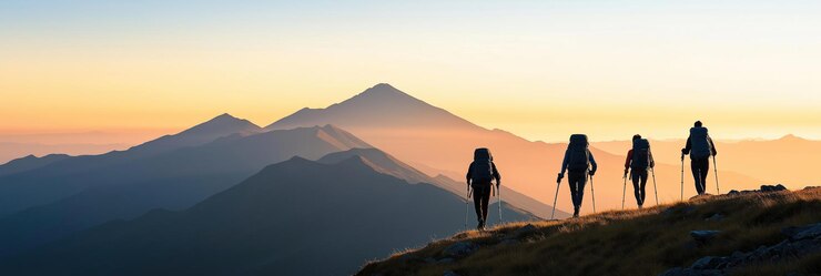Photo 夕暮れの山脈を歩くハイカー 静かな風景を楽しむハイカーのシルエット 壮大な