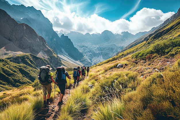 Hikers trekking through mountain trails high in the mountain Nature landscape