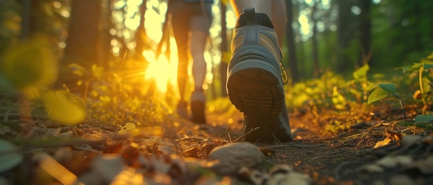 Hikers walking through a forest in the soft glow of sunset light