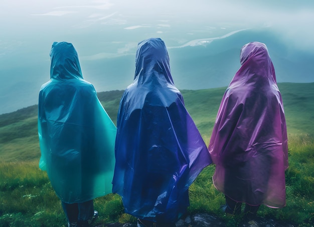 Hikers wearing transparent colorful ponchos raincoat watching the mountains under the rain