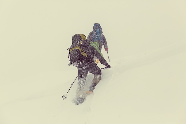 Hikers in the winter mountains