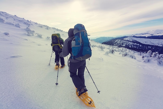 Photo hikers in the winter mountains