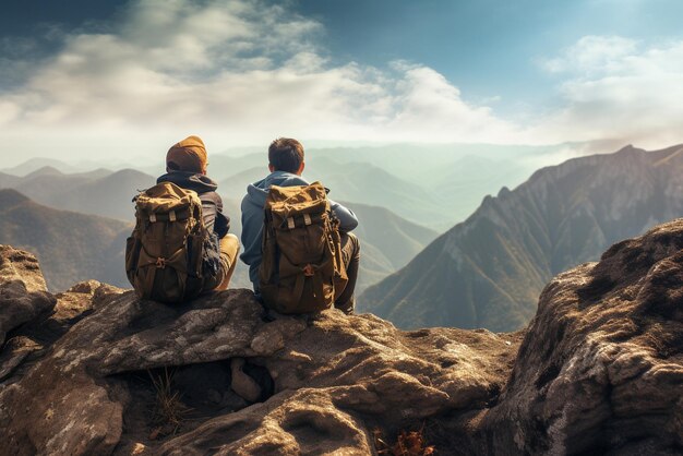 Hikers with backpacks holding binoculars sitting on top of the rock mountain