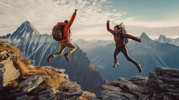 Hikers with backpacks jumping with arms up on top of a mountain