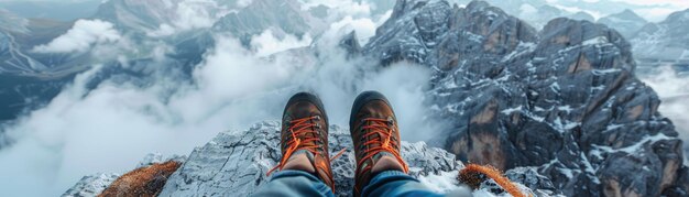 Photo hiking adventure on mountain peak with cloudy sky and scenic landscape view