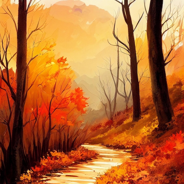 Hiking in the autumn mountains watercolor drawing