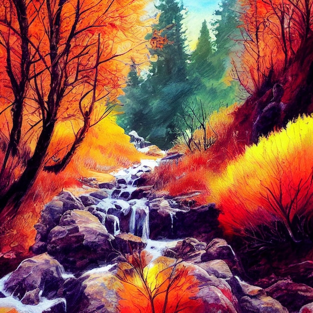 Hiking in the autumn mountains watercolor drawing