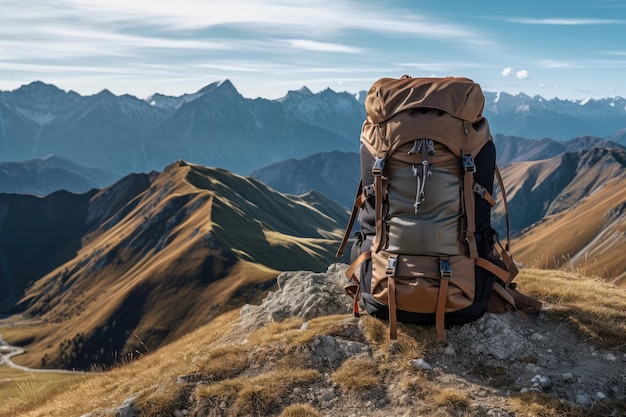 Photo hiking backpack on the background of mountains generative ai technology