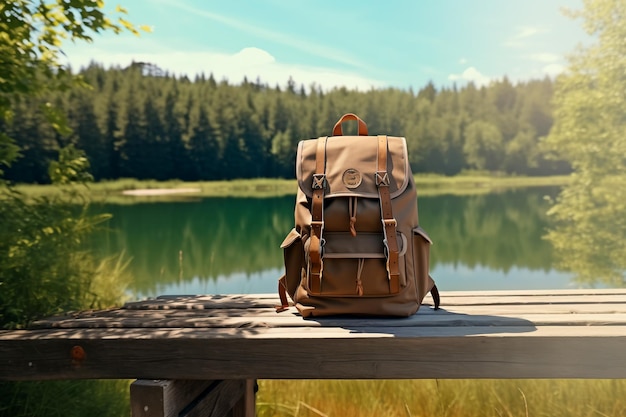 A hiking backpack near a beautiful lake A hike in nature AI Generated