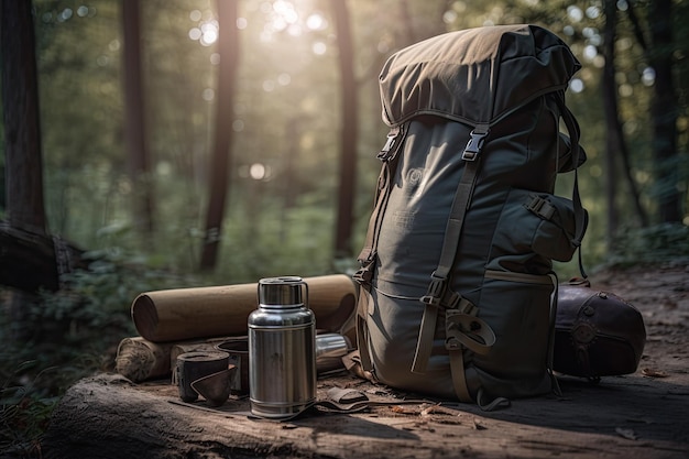 Photo hiking backpack and thermos on a log in the forest generative ai