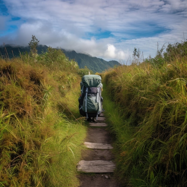 hiking backpack on trail in mountains