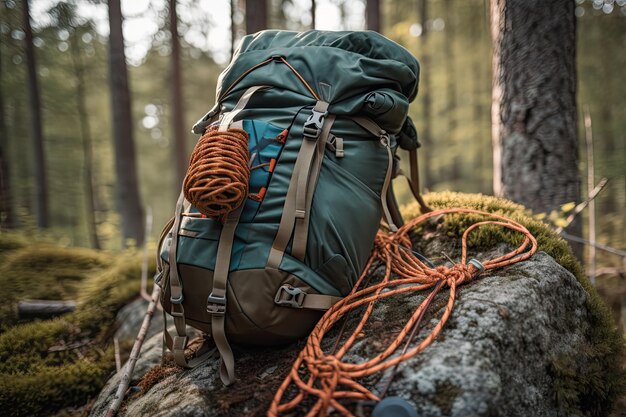 Foto zaino da trekking con attrezzatura da arrampicata e corde sul sentiero