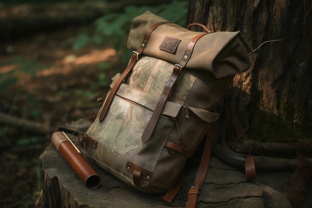 Hiking backpack with hiking sticks and map visible on the exterior of bag