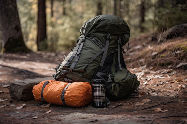 Hiking backpack with rolled up tent and sleeping gear