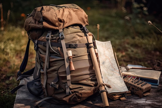 Hiking backpack with trekking poles and map ready for adventure