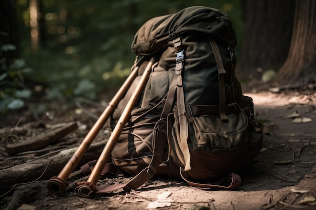 Hiking backpack with trekking poles and walking stick ready for hiking adventure