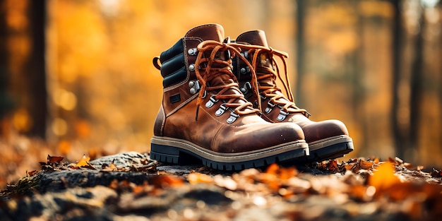 Hiking boots in the autumn forest Travel and adventure concept