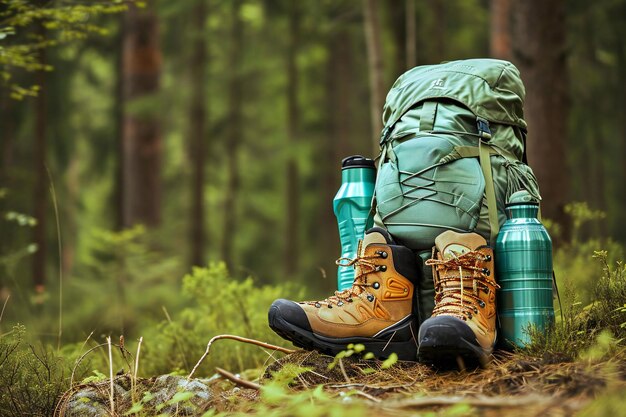 Photo hiking boots and backpack in the forest hiking concept