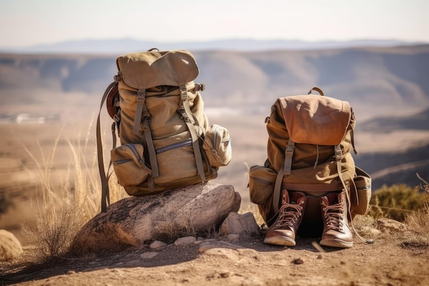 Hiking boots and backpacks against the backdrop of nature The concept of tourism Generative AI