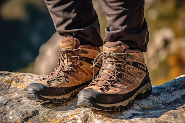 Hiking boots closeup of a mountain climber illustration Ai generative