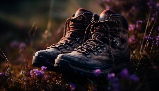 Hiking boots on feet walking through nature generated by AI