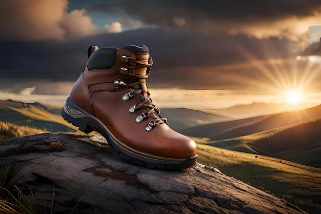 A hiking boots on a mountains with beautiful background