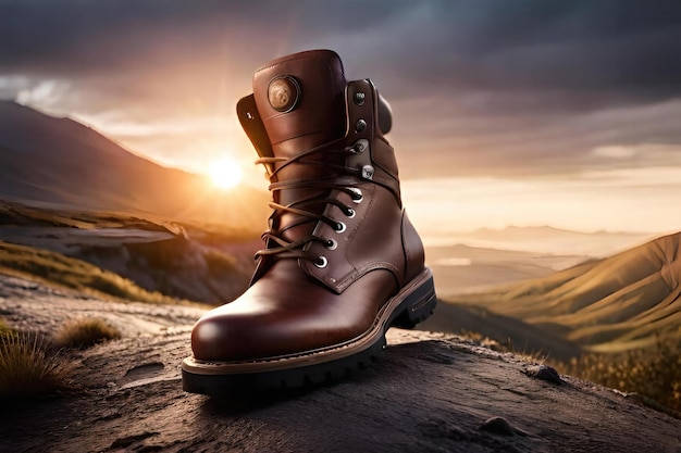 A hiking boots on a mountains with beautiful background