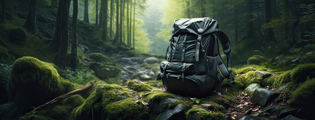 hiking and camping equipment including a backpack water bottle and sturdy shoes against the backdrop of a lush forest ample space for informative copy