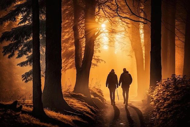 Hiking concept Couple going walk among the forest in sunny rays back view Backlight Activity tourism concept Generative AI