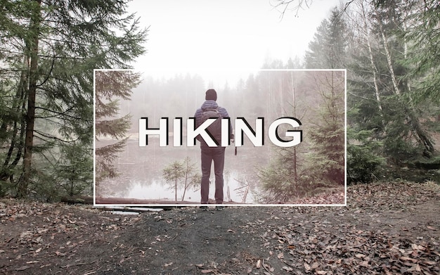 Hiking concept text for web site header on photo with man hiker in forest near lake in autumn