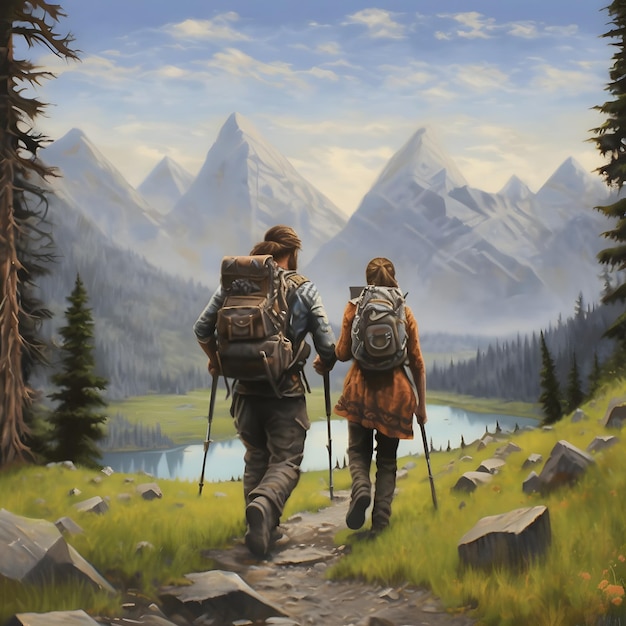 山のイラストでバックパックを持つハイキングのカップル