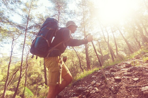 Hiking in famous Lycian Way in the Turkey. Backpacker in the trail.