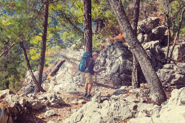 Hiking in famous Lycian Way in the Turkey. Backpacker in the trail.